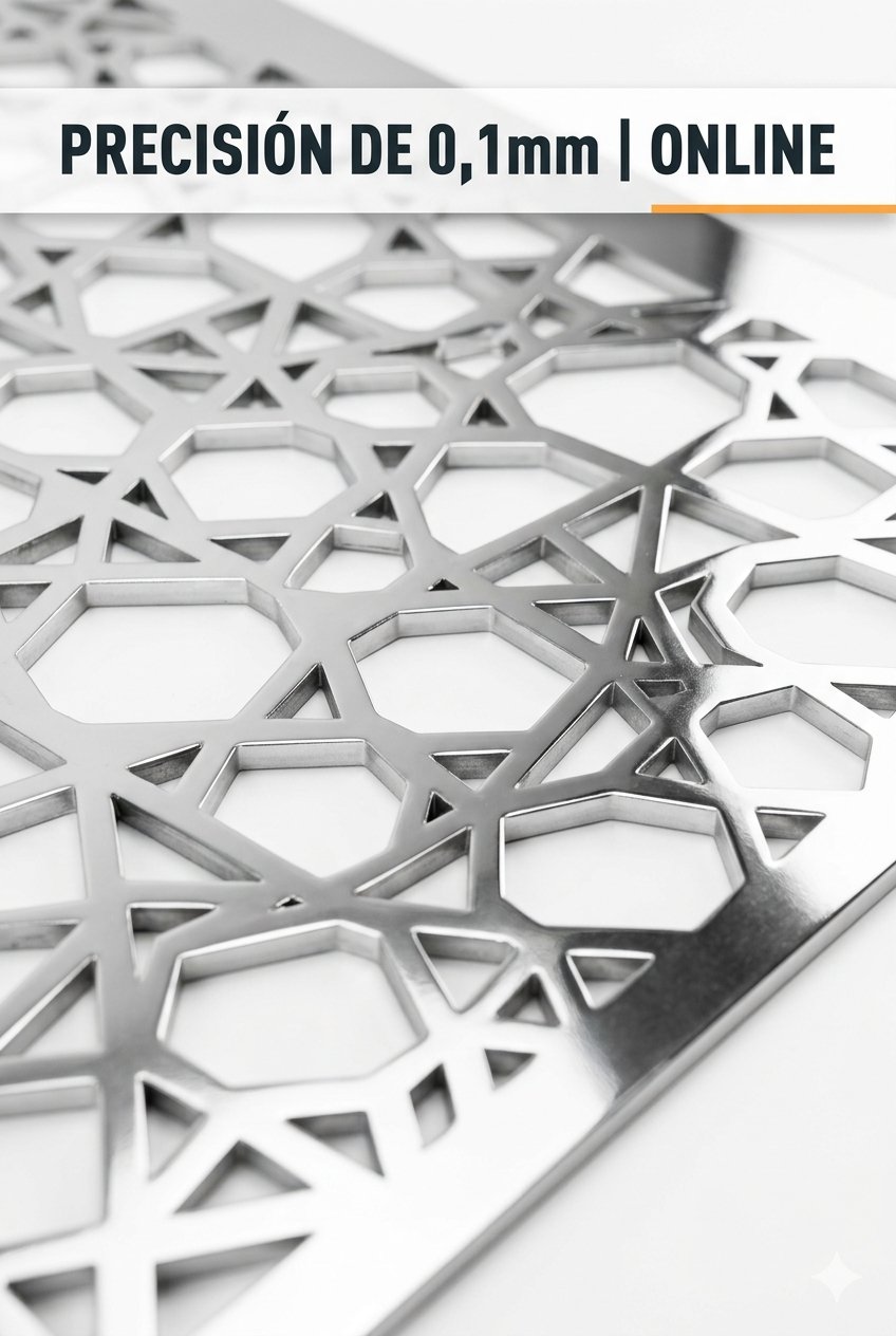 Detalle de panel de aluminio con patrón hexagonal cortado a láser con precisión de 0,1 mm.