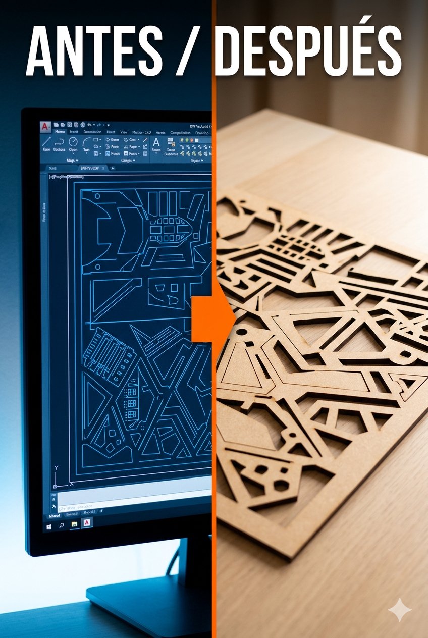 Antes y después: archivo DXF en pantalla y pieza terminada en MDF. Corte láser online Argentina.