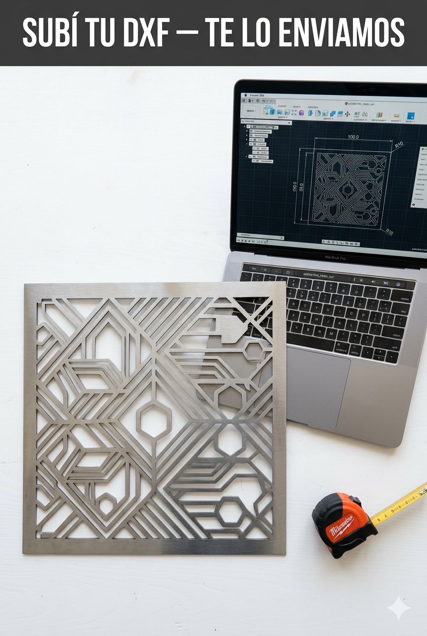 Panel de acero inoxidable con corte láser de precisión junto a laptop con archivo DXF. Corte por laser online.