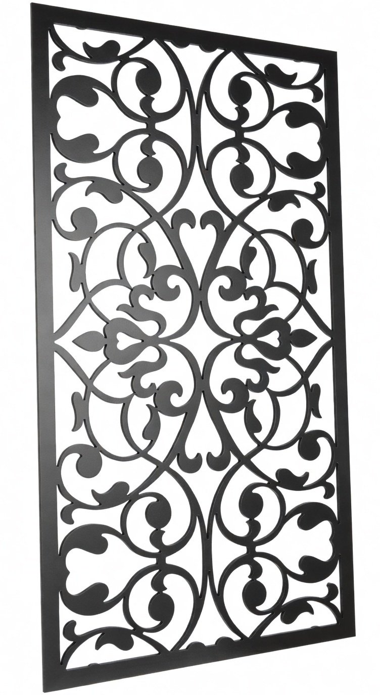 Celosía metálica floral estilo hierro forjado modelo CM01 — panel decorativo para fachadas y portones con hojas y volutas simétricas en acero negro 2mm