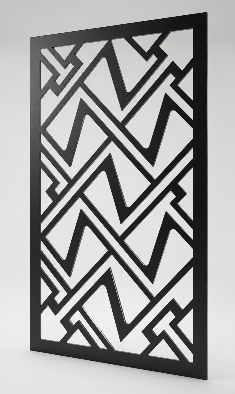 Celosía metálica geométrica art déco modelo CM02 — panel con chevrones y zigzag para divisiones modernas y quiebravistas en chapa de acero