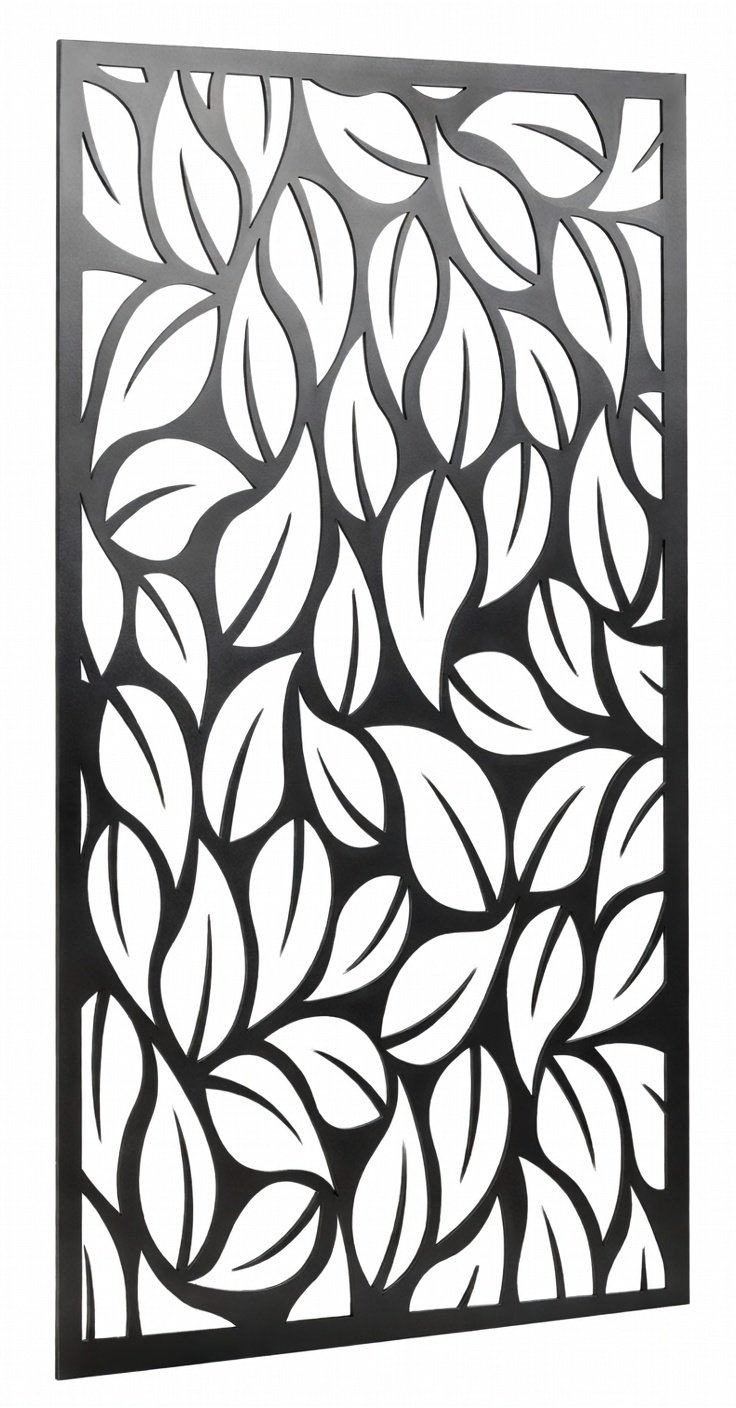 Celosía metálica de hojas grandes modelo CM03 — panel botánico estilizado para cerramientos de terraza y jardín vertical