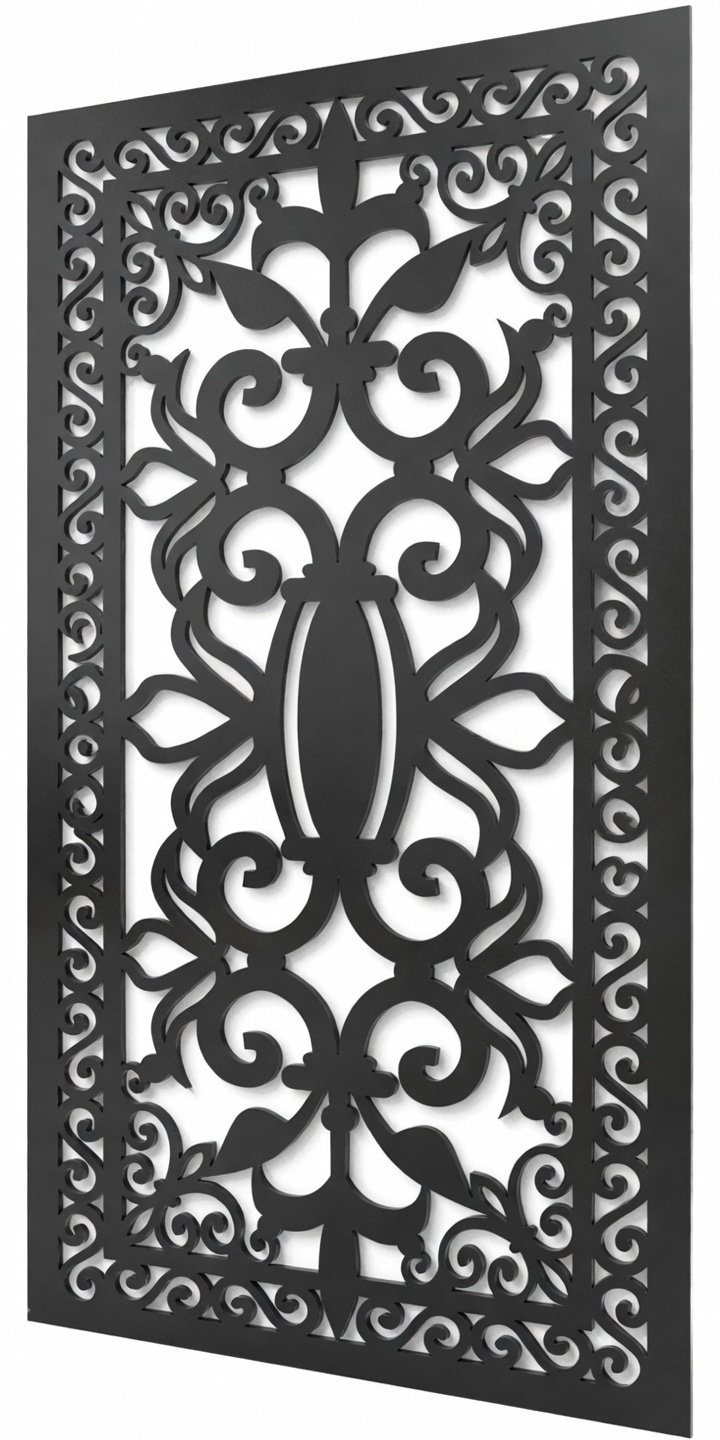 Celosía metálica barroca simétrica modelo CM06 — panel con filigrana y volutas para frentes clásicos y fachadas ornamentales