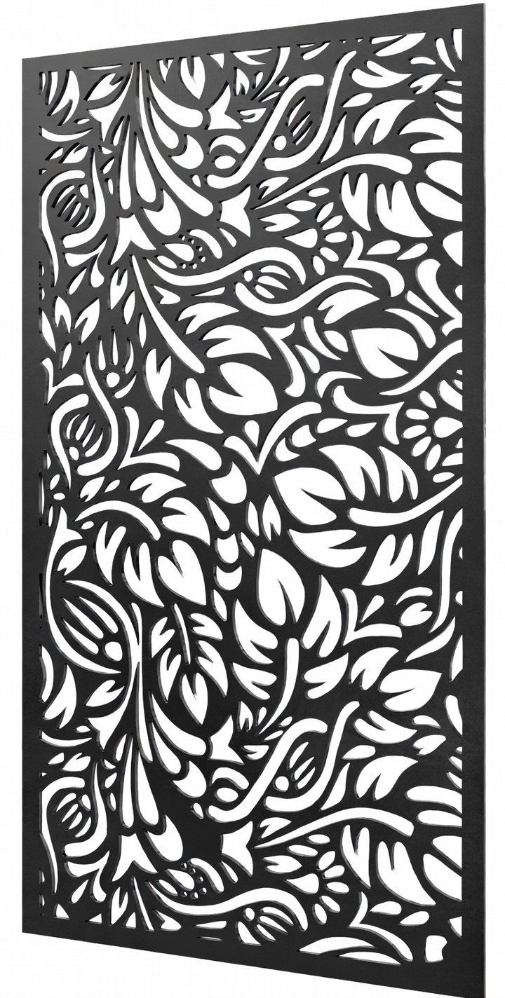 Celosía metálica de follaje tropical denso modelo CM07 — panel orgánico con hojas superpuestas para jardines verticales y patios cubiertos