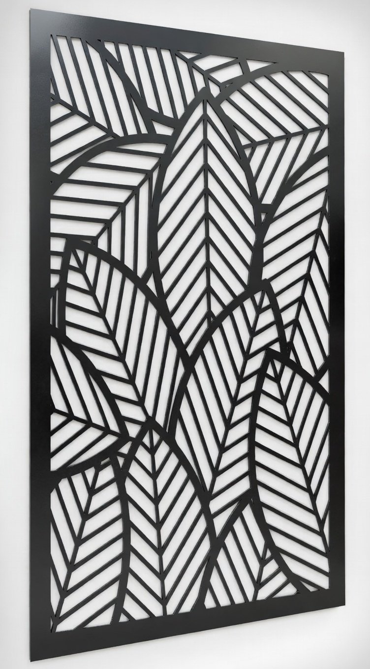 Celosía metálica de hojas bananeras modelo CM12 — panel tropical con nervaduras lineales para terrazas, galerías y ambientes selva