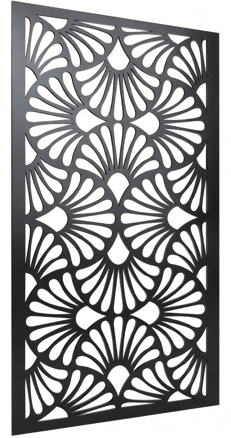 Celosía metálica con abanicos japoneses modelo CM15 — panel art déco de escamas repetidas para fachadas zen y patios orientales