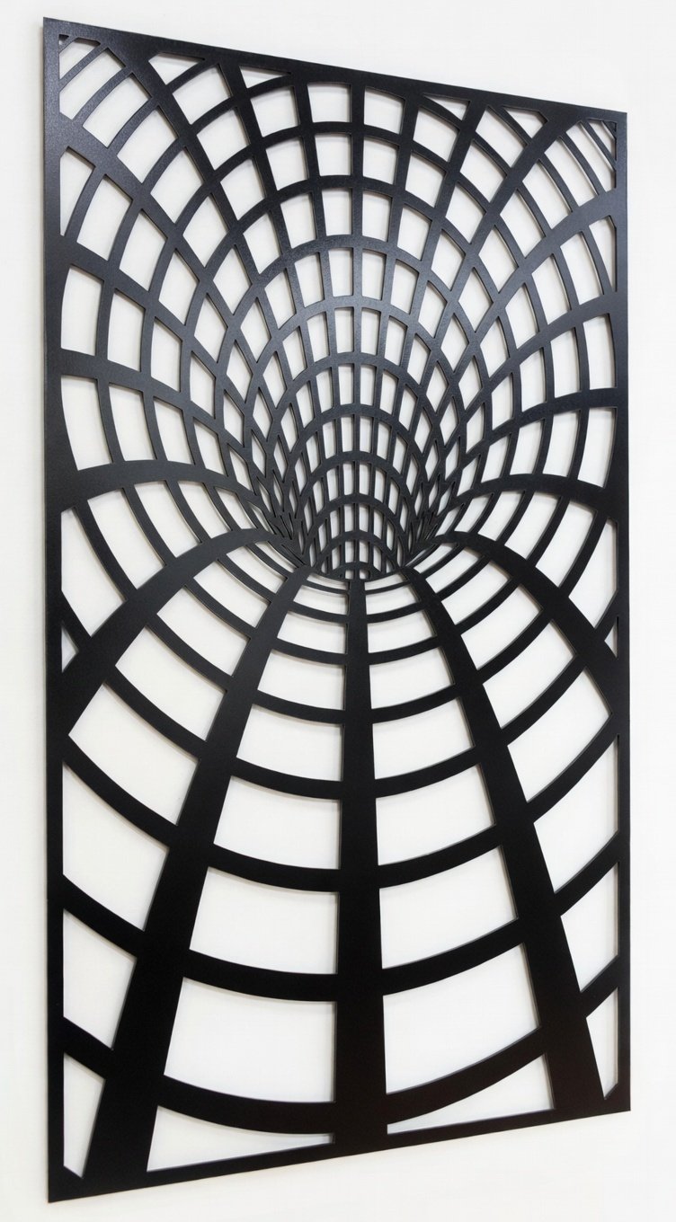 Celosía metálica con ilusión óptica 3D modelo CM18 — panel con efecto túnel curvo para fachadas de diseño y frentes arquitectónicos impactantes