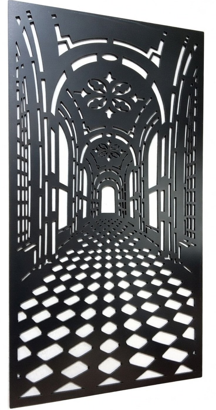 Celosía metálica gótica con arcos de catedral modelo CM19 — panel arquitectónico en perspectiva para interiores clásicos y frentes ornamentados