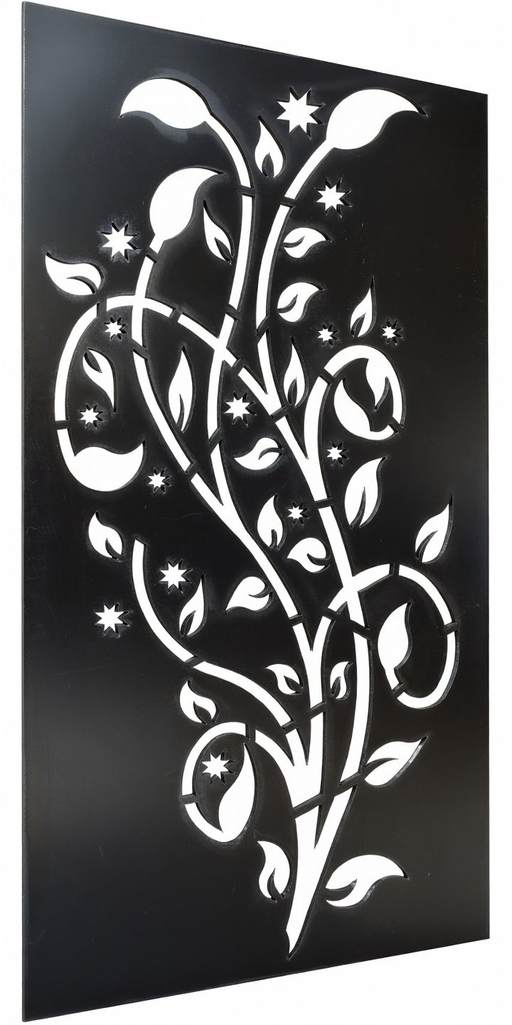 Celosía metálica de enredadera con flores estrelladas modelo CM25 — panel orgánico decorativo para pérgolas, parrales y jardines nocturnos