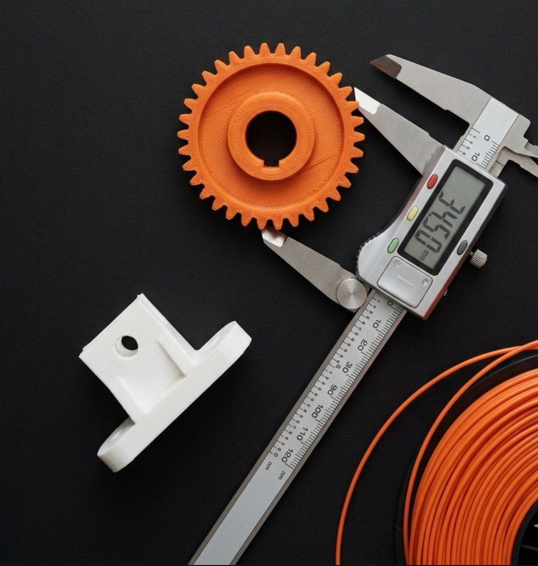 Piezas impresas en 3D a pedido con calibre de medición — engranaje naranja y bracket blanco CNCero